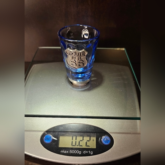 (1) Route 66 Blue Tinted Shot Glass w/ Pewter Emblem - Picture 8 of 9